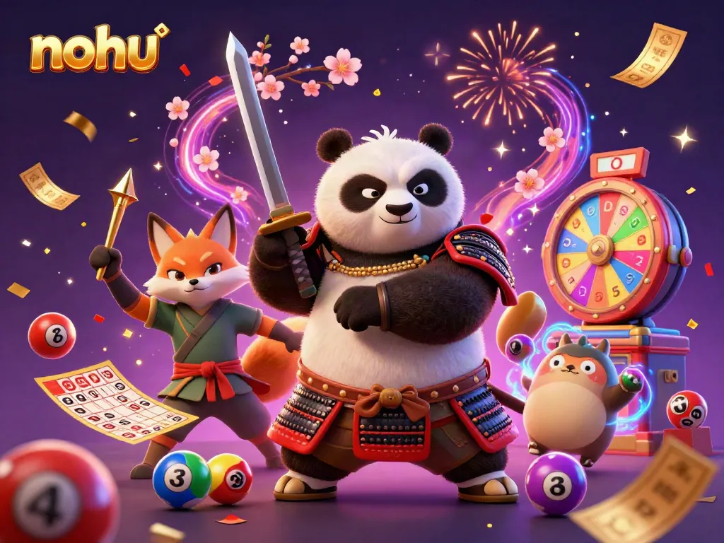 Nohu's exciting casino world features a dynamic samurai panda and ninja fox in action.