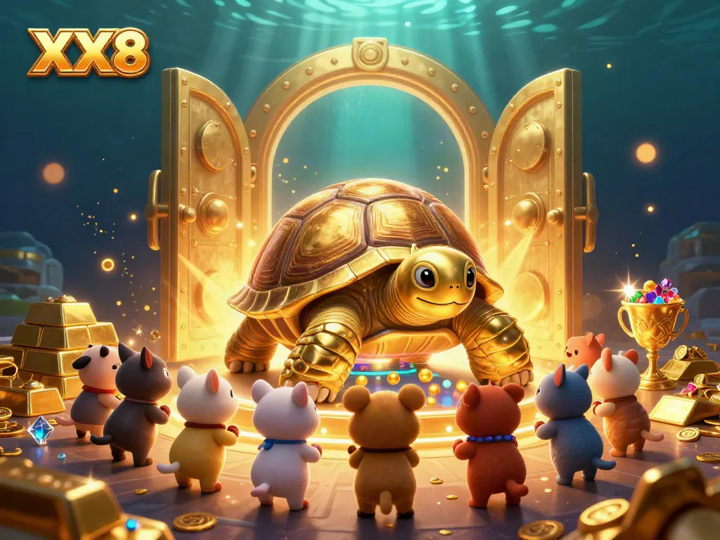 Engage with the exciting XX8 gaming experience in a vibrant illustration of a colossal golden tortoise and eager animals.