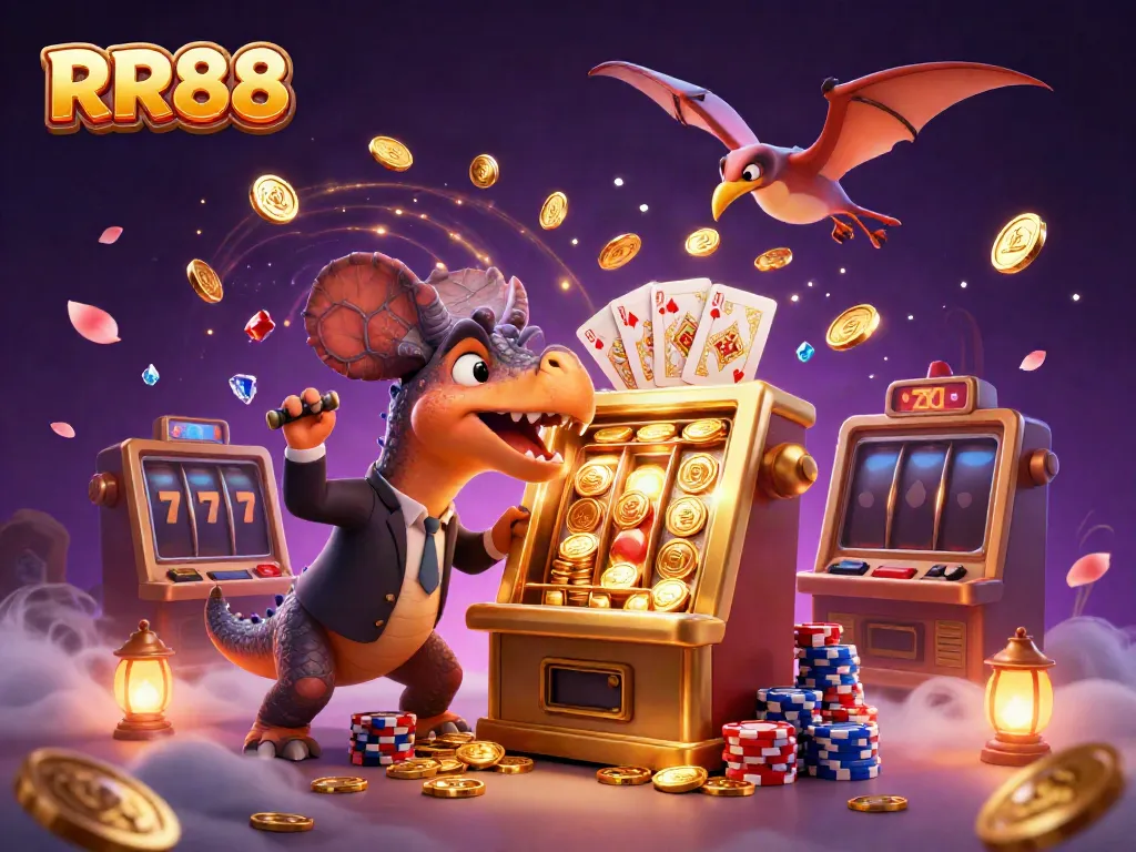 RR88 highlights an exciting jackpot scene with cartoon dinosaurs at a dynamic casino illustration.
