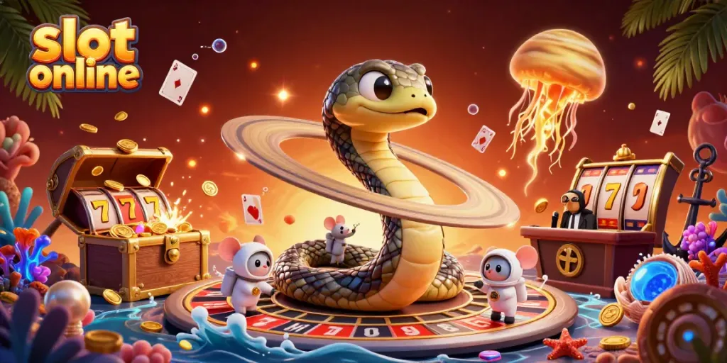 Engage in thrilling slot online gameplay with astronauts placing bets around a cosmic roulette wheel.