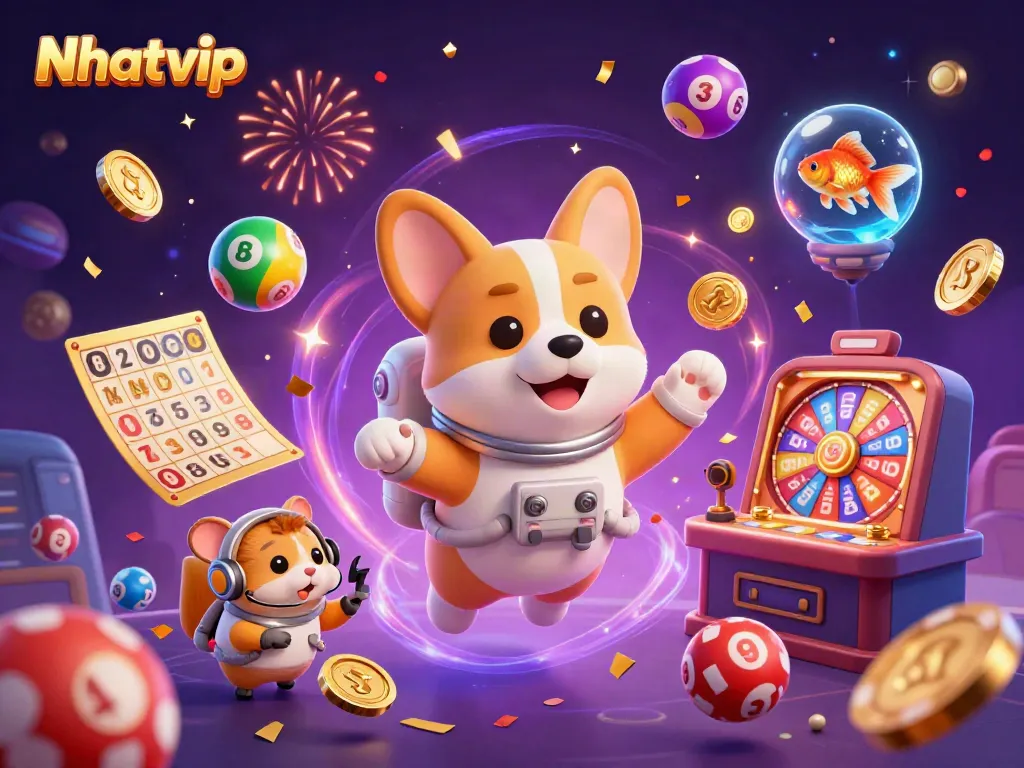 Nhatvip's exciting casino adventure with a 3D floating corgi and vivid game elements.