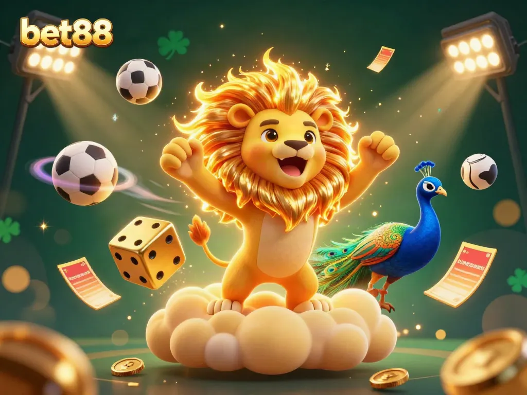 Celebrate wins at bet88 with a vibrant 3D casino scene featuring a roaring lion and golden dice.