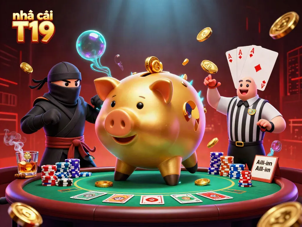 Exciting scene showcasing nhà cái T19 with a golden piggy bank sumo wrestler and poker game elements.