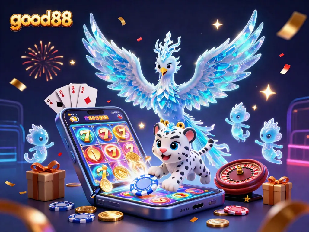 Experience the thrill of gaming at good88 with vibrant 3D illustrations featuring casino elements.