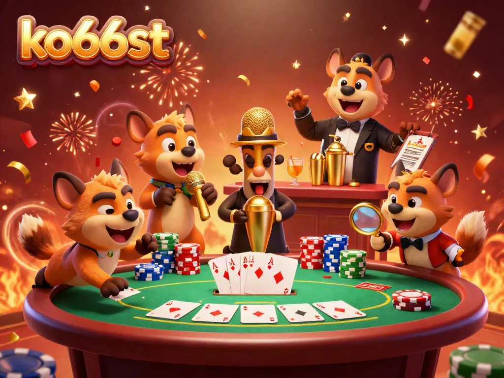 Hyenas entertain in a vibrant casino scene showcasing ko66st's lively comedy club and gambling elements.