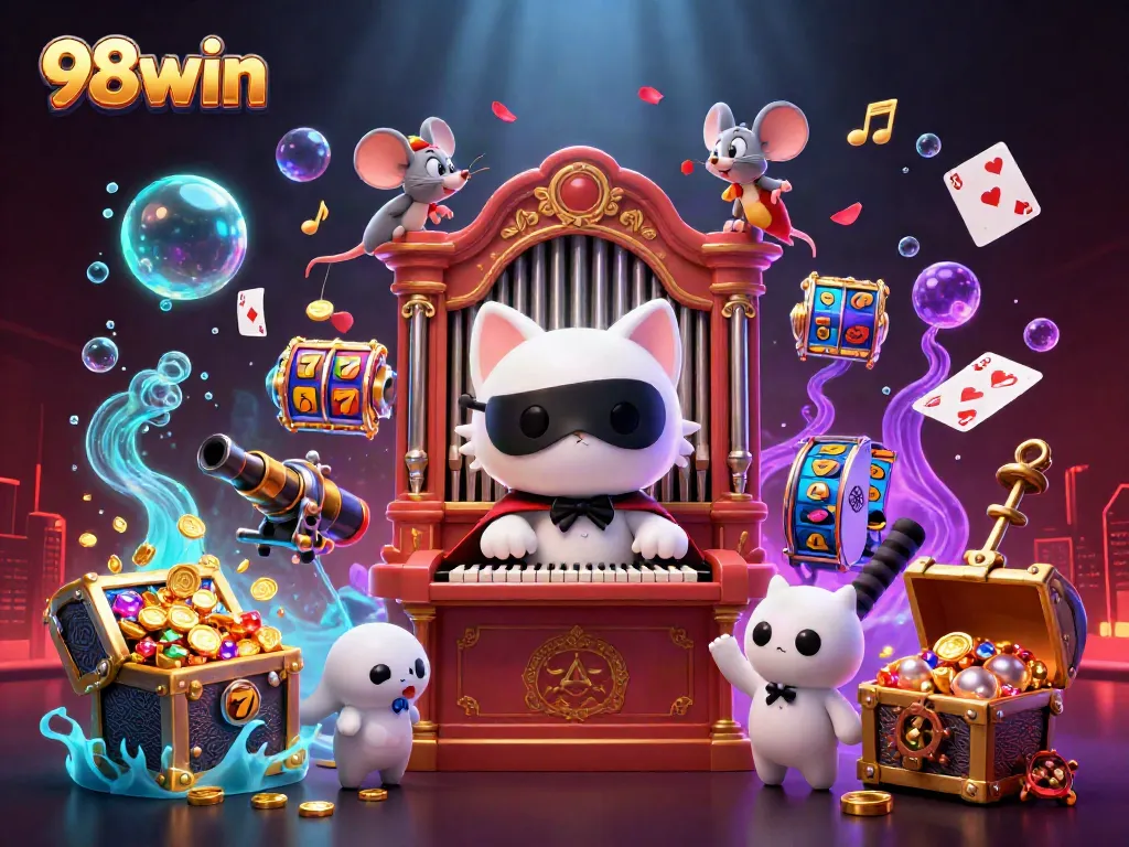 Experience the excitement of 98win with this vibrant, dynamic casino scene featuring slots, characters, and treasures.