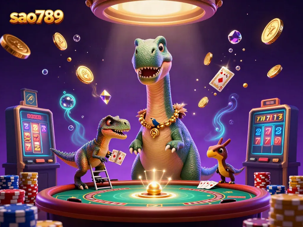 Experience entertaining casino action with sao789, illustrated by a vibrant scene of a brontosaurus and dealer amidst cascading coins.