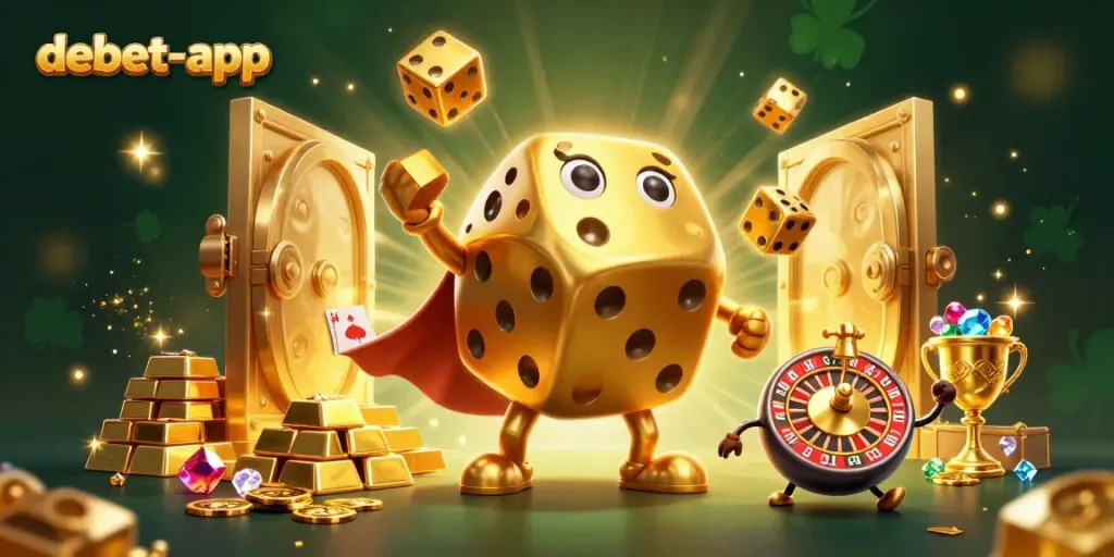 Engage with debet-app through a vibrant 3D illustration showcasing a gold dice golem and casino elements