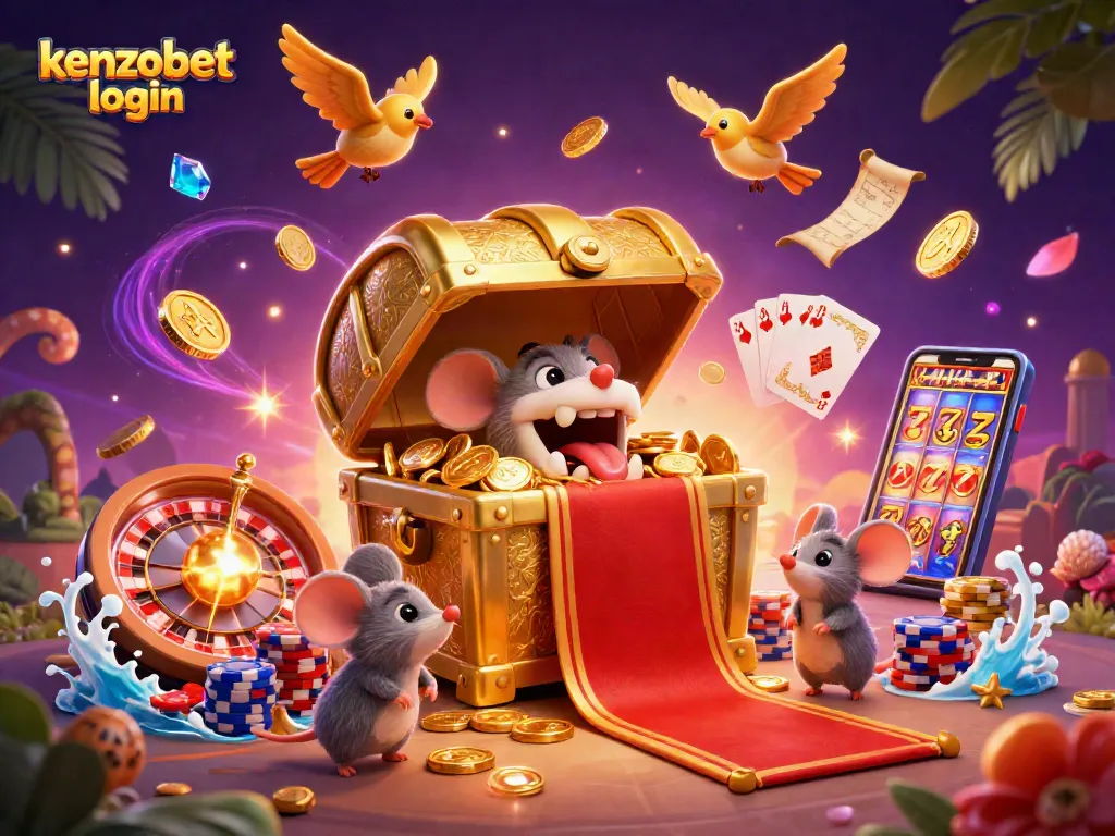 Experience the excitement of kenzobet login in this vibrant 3D casino scene with treasures and games.