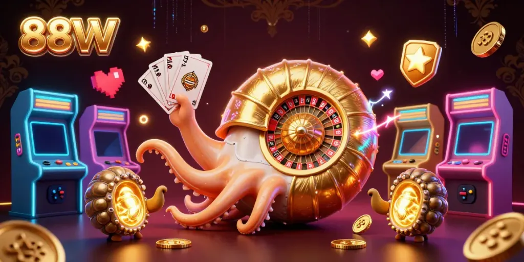 Experience the thrill of 88VV with a dynamic illustration of a giant nautilus casino scene, featuring glowing game elements.