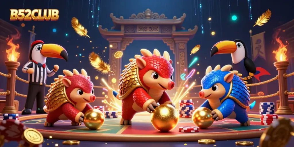 B52CLUB pangolins compete in a vibrant casino scene with poker chips and gold elements.
