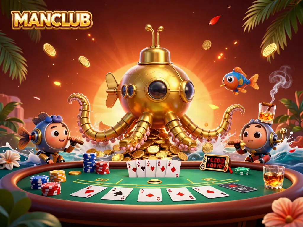 Engage in thrilling gameplay at MANCLUB with a dynamic scene featuring a colorful poker table and golden kraken submarine.