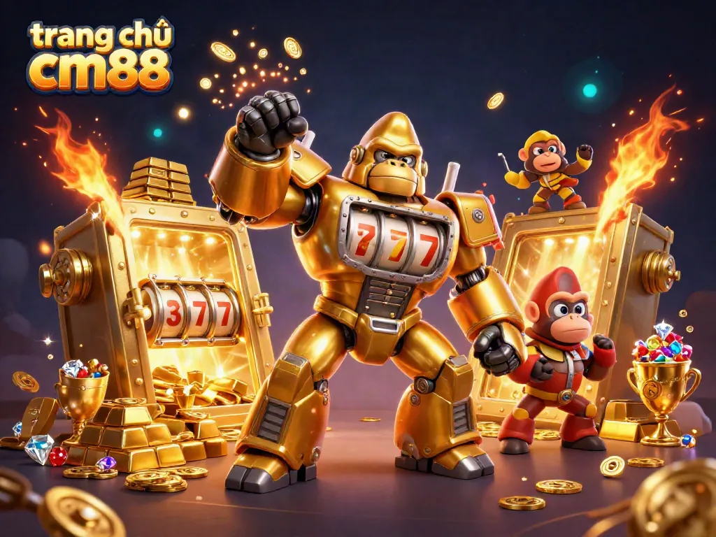 Experience the excitement of gaming at trang chủ cm88 with a vibrant, dynamic 3D illustration showcasing a golden gorilla mech bursting with treasures.