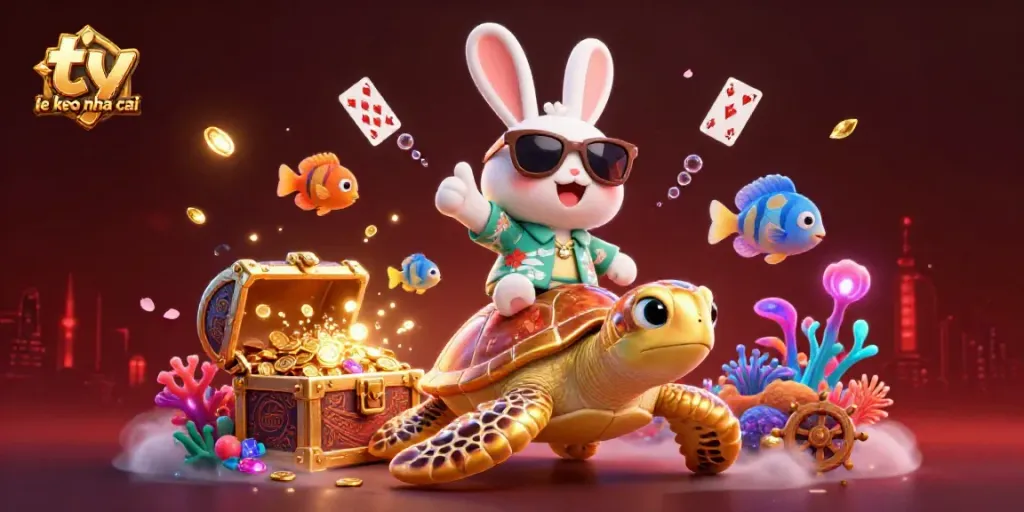 Engage with ty le keo nha cai through this vibrant 3D casino scene of a lucky rabbit and golden sea turtle.