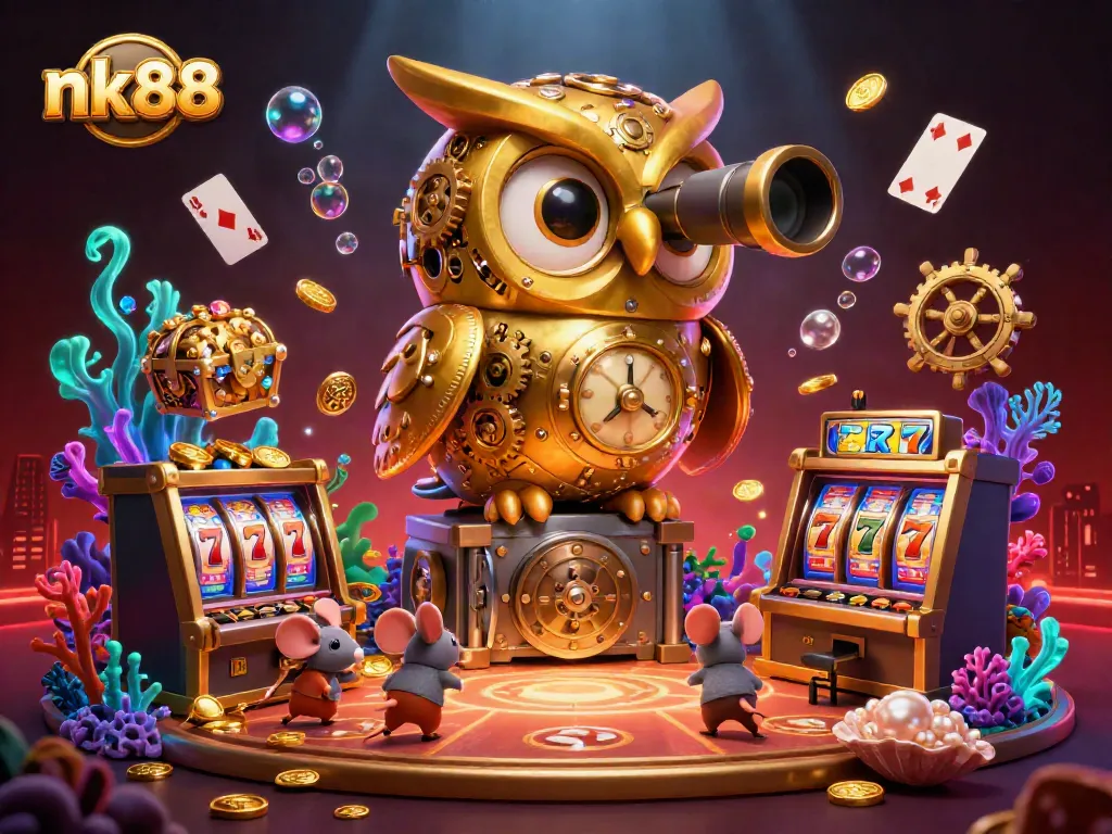nk88 showcases a vibrant casino scene with cartoon characters amidst slot machines and treasure.