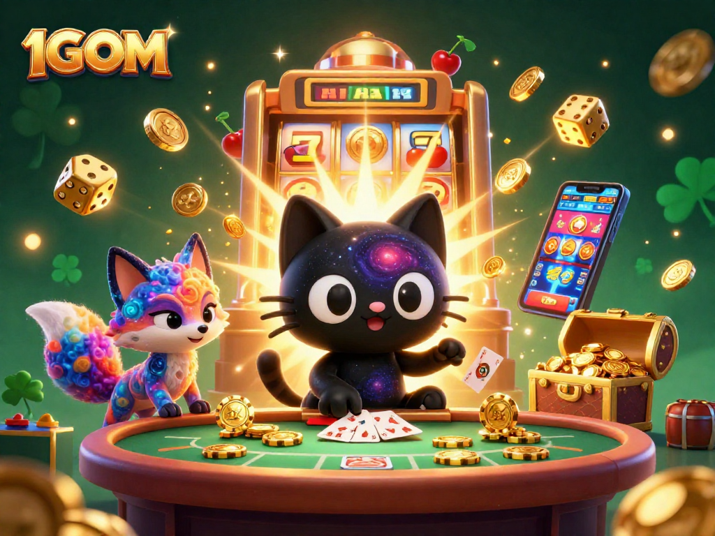Experience gaming thrill at 1GOM with a dynamic cosmic illustration featuring lively casino elements.