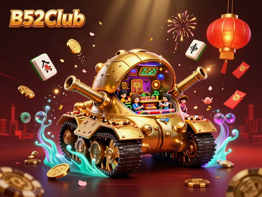 B52Club showcases a unique interactive experience within a golden beetle tank casino filled with confetti and excitement.