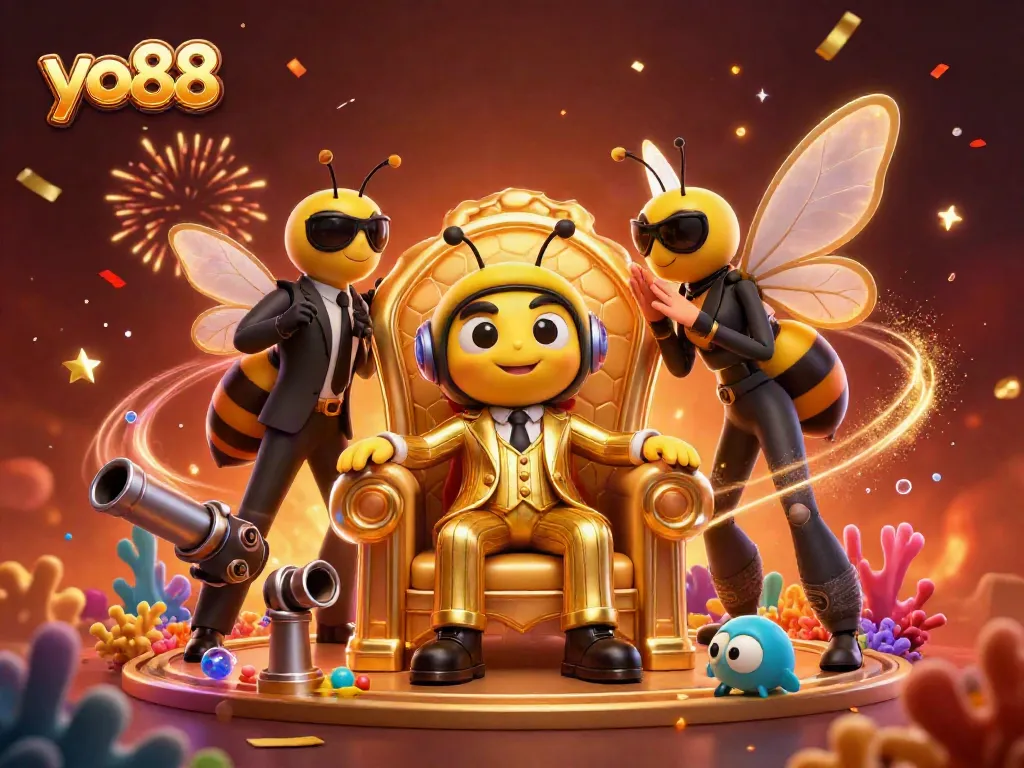 Engage with yo88 in an energetic fish shooting game scene featuring a mob boss and vibrant sea creatures.