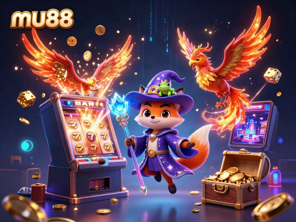 mu88 wizard fox and phoenix celebrating jackpot wins in 3D casino illustration.