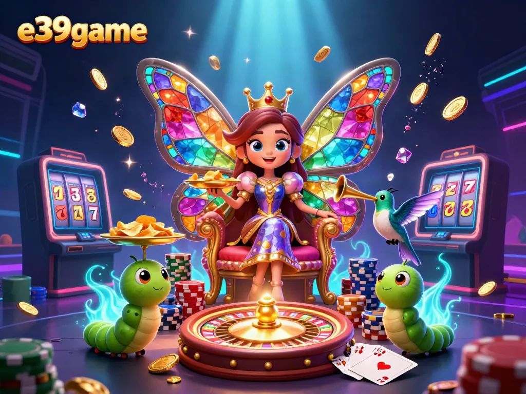 Experience thrilling wins with E39game, a vibrant online casino scene featuring dynamic characters and exciting game elements.