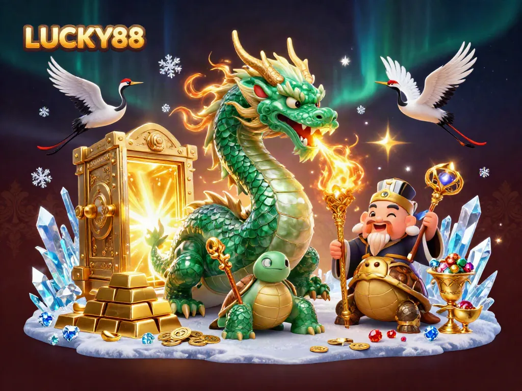 Experience the thrill of gaming with LUCKY88, featuring a jade dragon, golden treasures, and vibrant casino elements.
