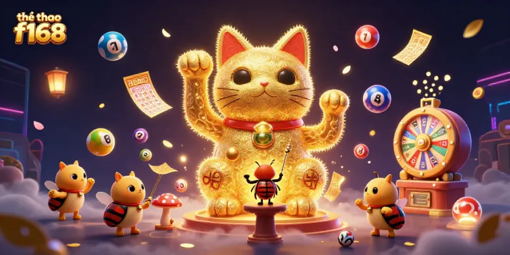 Experience thrilling moments at thể thao f168 with dynamic casino symbols and golden lucky cat charm.