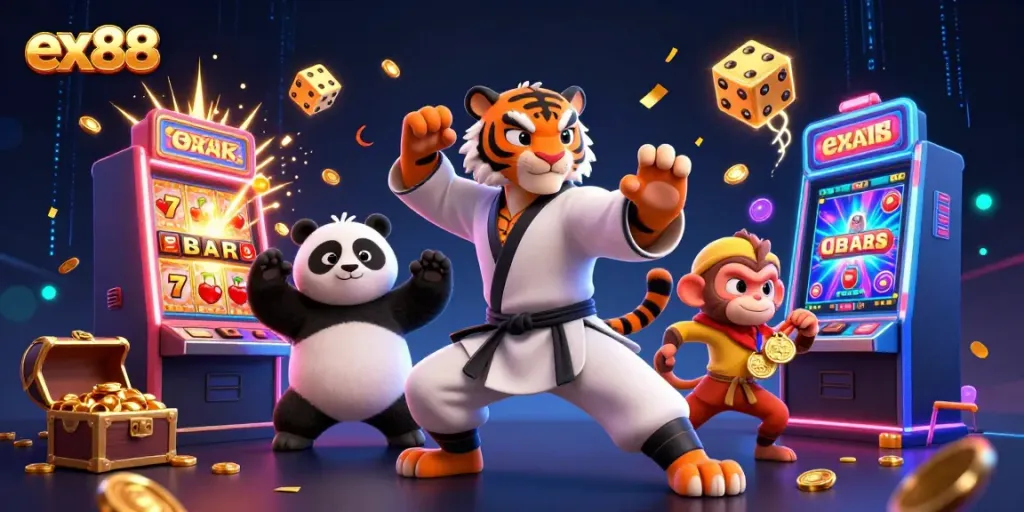 Experience the excitement of ex88 with a dynamic scene featuring a kung fu tiger, a panda disciple, and a mischievous monkey surrounded by casino elements.
