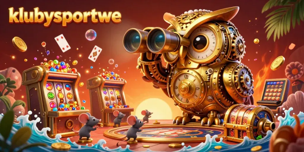 Join the fun at klubysportowe with a dynamic casino scene featuring a golden owl and vibrant gaming elements.