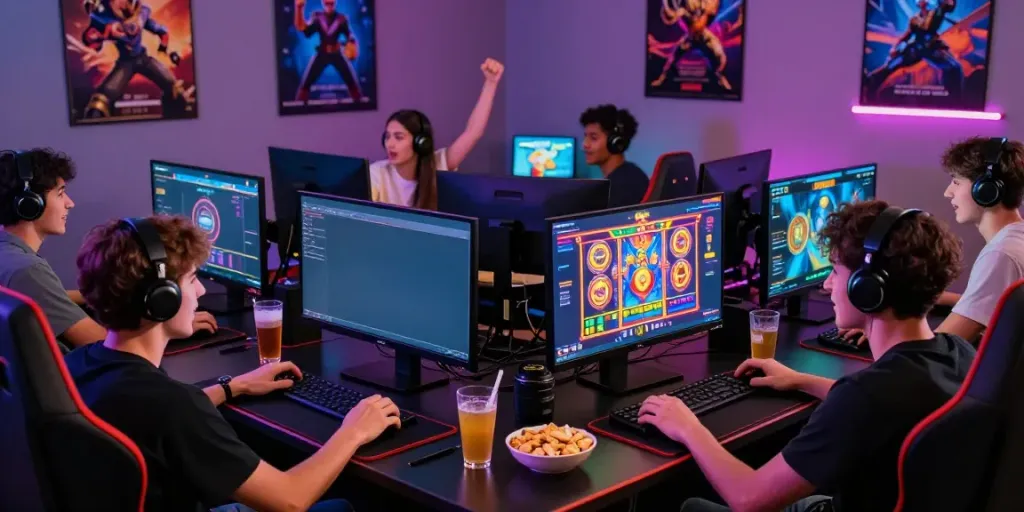 Friends enjoying a lively gaming session with link gacor slot games on the screen.