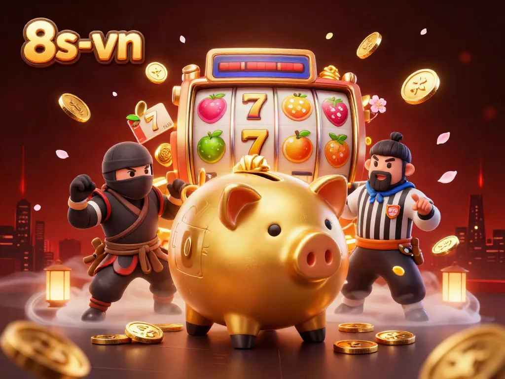 Experience the excitement of 8s-vn with a dynamic 3D casino scene featuring playful characters and vibrant slot symbols.