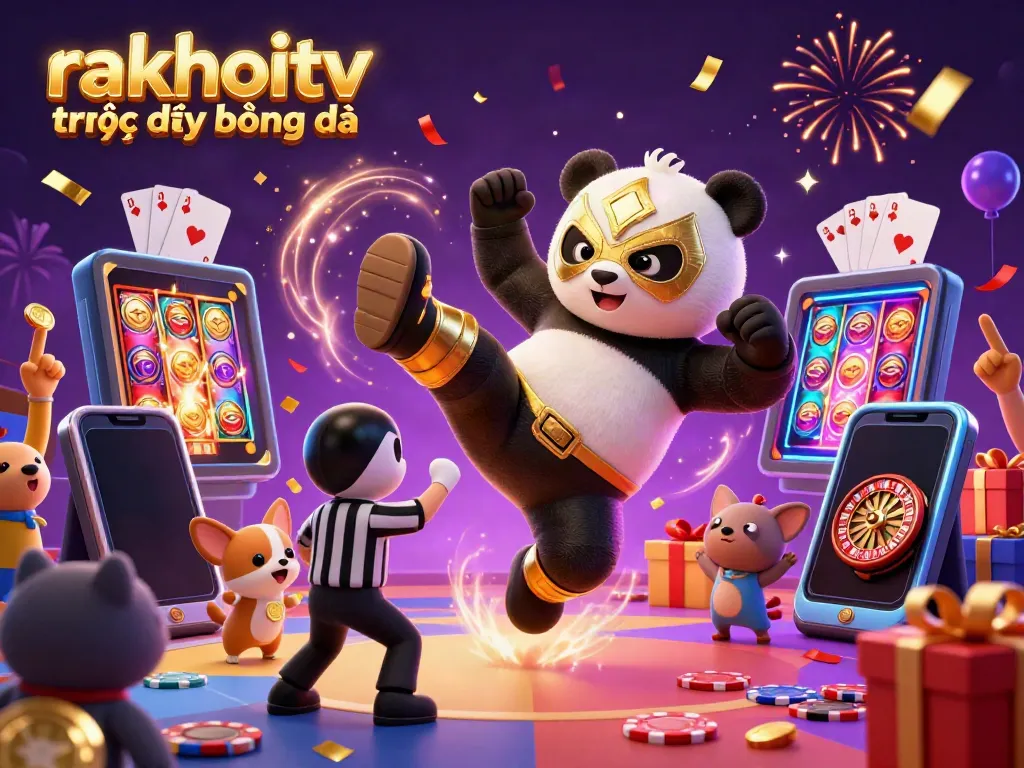 Experience rakhoitv trực tiếp bóng đá with this illustrated scene of vibrant casino action featuring adorable animals and winning games.