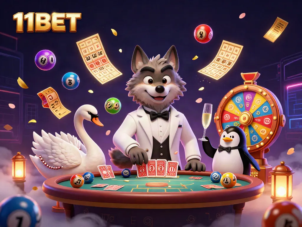 Engage with 11BET through a vibrant illustration showcasing an animated casino scene.