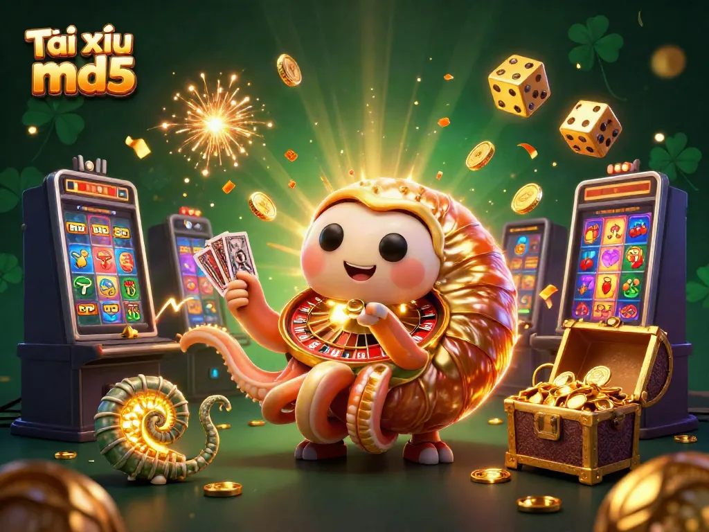 A dynamic scene of Tài xỉu md5 showcased with a giant nautilus, glowing ammonites, and vibrant casino elements.