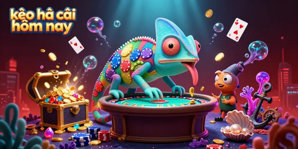 Experience the excitement of kèo nhà cái hôm nay with the colorful chameleon casino owner amidst an exhilarating gaming scene.