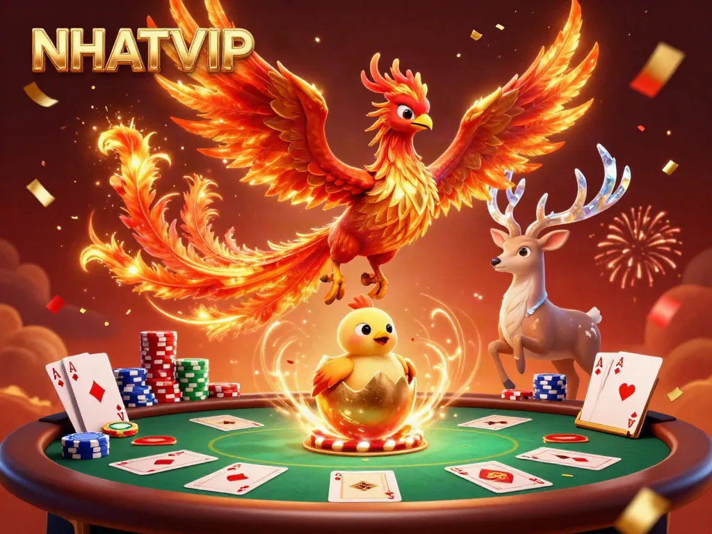 Experience NHATVIP's vibrant casino scene with a magnificent phoenix, poker tables, and energetic celebrations.