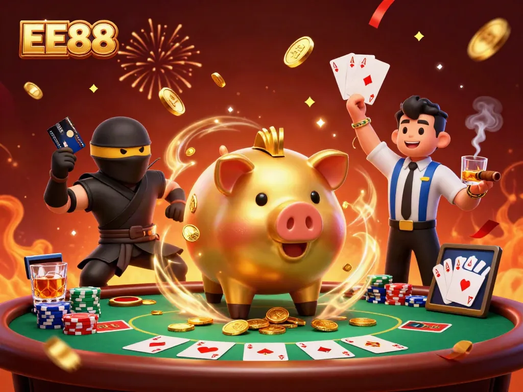 EE88 gaming scene depicts a golden piggy bank sumo wrestler, coins flying in action.