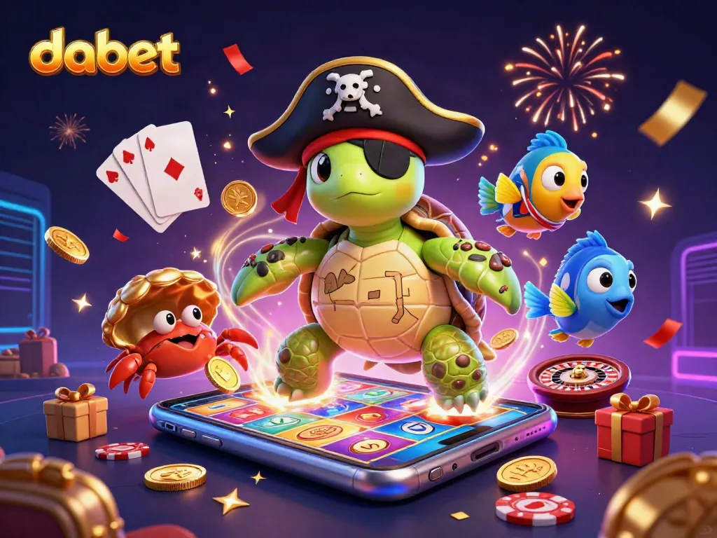 Dabet pirate turtle gaming illustration showcasing colorful slot games and festive elements in a vibrant casino scene.