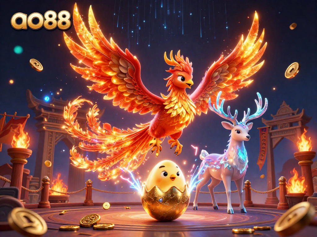 Win big with ao88’s vibrant casino scene featuring a phoenix and exciting elements!