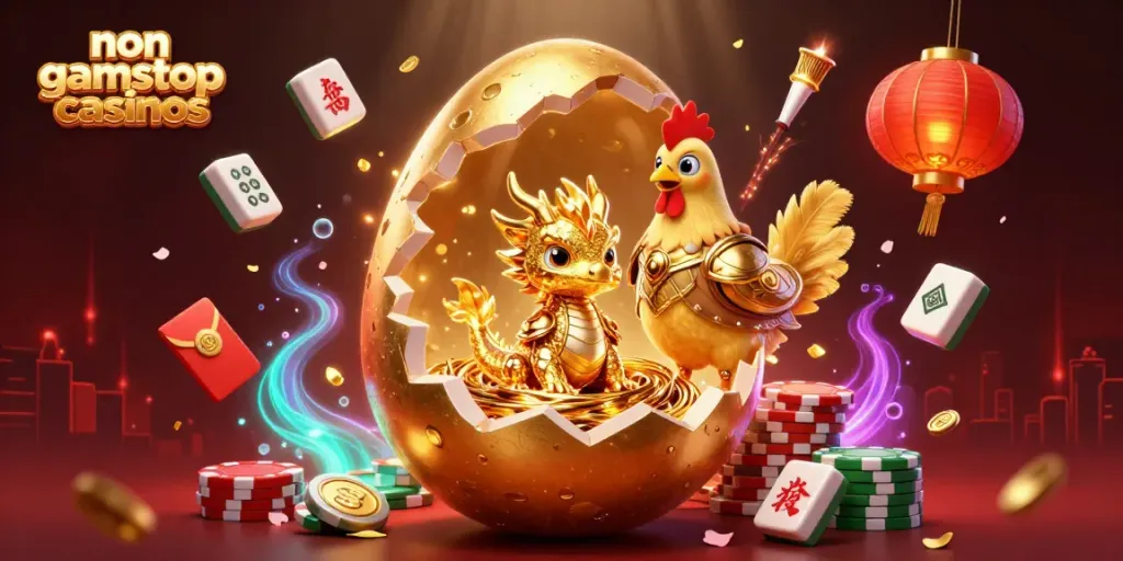 Engage with thrilling non gamstop casinos through this vibrant 3D illustration featuring a golden dragon and gaming elements.