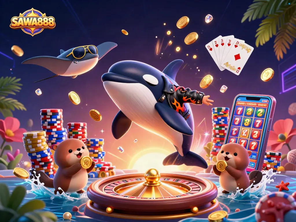 Experience thrilling gameplay with SAWA888's cartoonish orca and otters amidst gold coins.