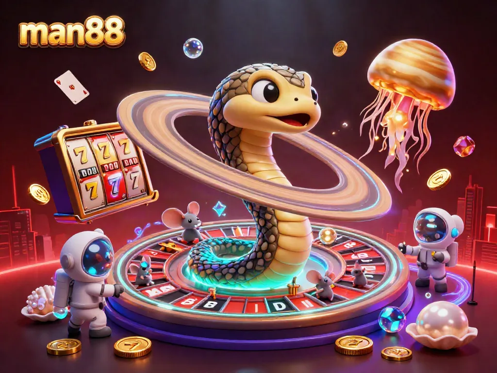 Engage with man88’s dynamic online casino atmosphere featuring a colorful roulette-themed scene.