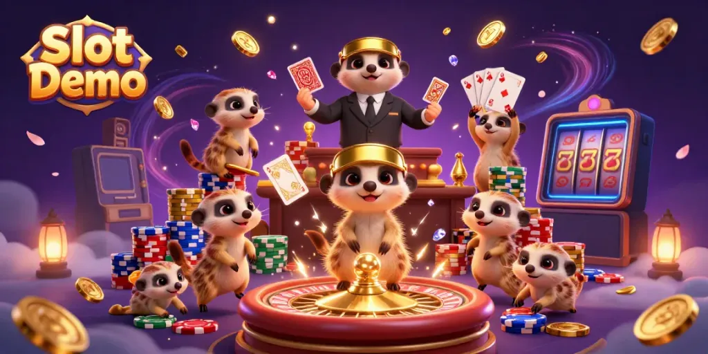 Experience immersive gameplay with Slot Demo as meerkats manage a vibrant casino scene with jackpot elements.