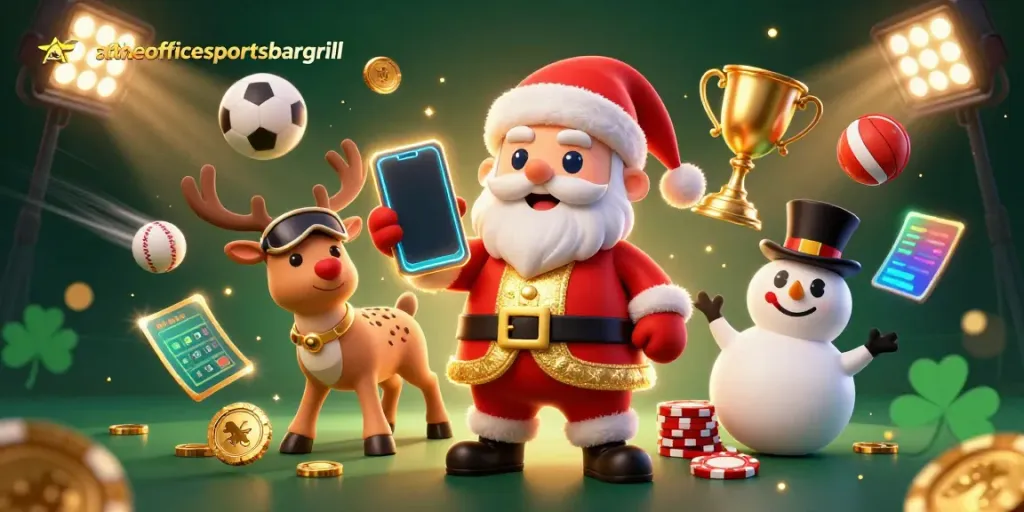 Gambarlah simbol jackpot di attheofficesportsbargrill dengan Santa, rusa, dan boneka salju.
