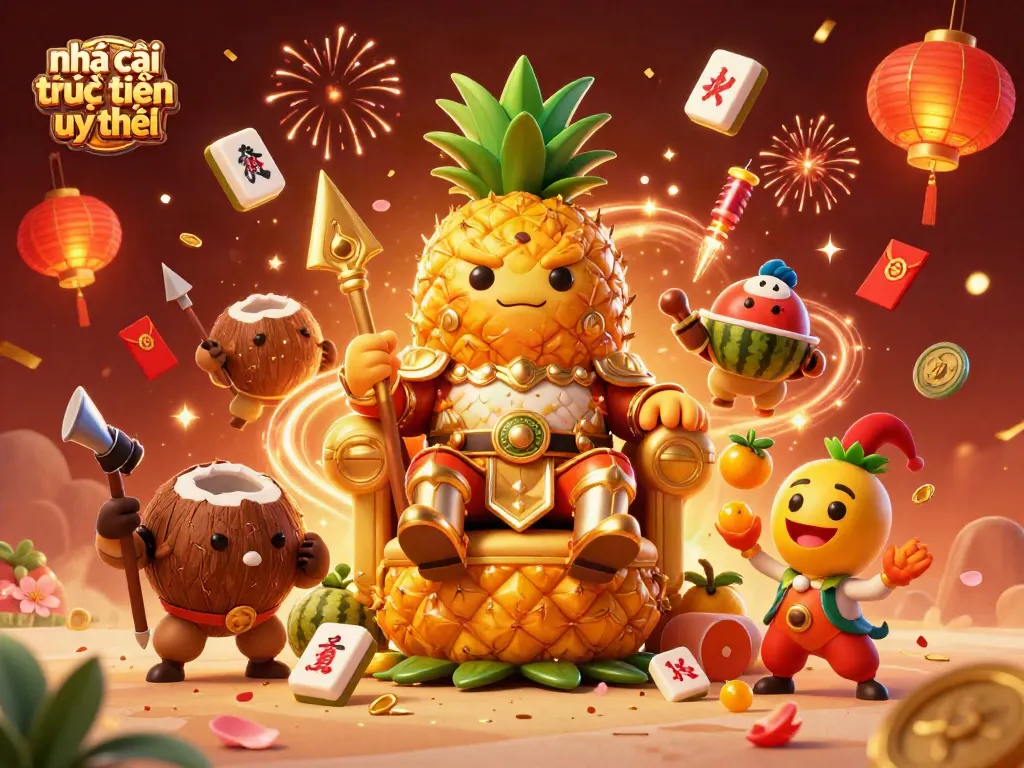 Vibrant 3D scene showcasing nhà cái trực tuyến uy tín with a pineapple king, casino elements, and festive decorations.