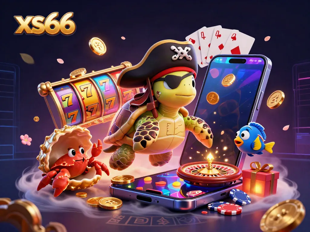 Experience thrilling gameplay with xs66 in this vibrant slot-themed casino scene featuring a pirate turtle and treasure.