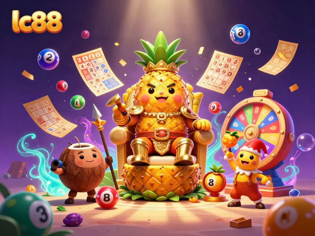 Experience the excitement of lc88 with a lively casino scene featuring a golden pineapple king and vibrant game elements.
