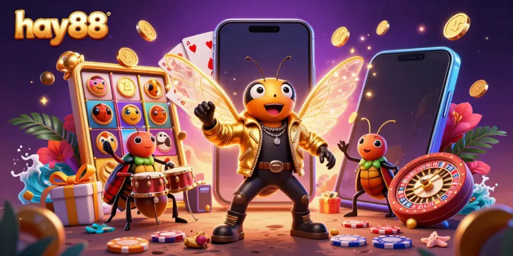 Experience excitement with hay88 featuring a rock star cicada in a vibrant casino scene filled with games and golden coins.