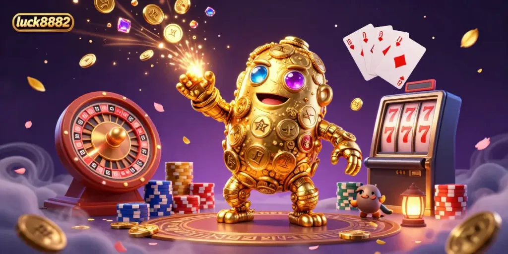 Experience the thrill of luck8882 with vibrant casino elements in a dynamic 3D illustration.