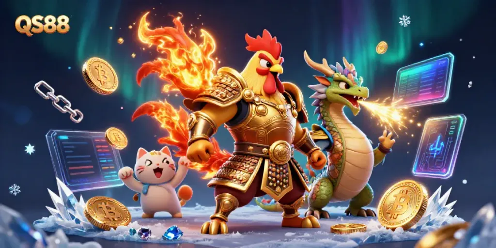 Experience the thrilling action at QS88 with a cartoon fighting rooster and dragon in a vibrant casino scene.