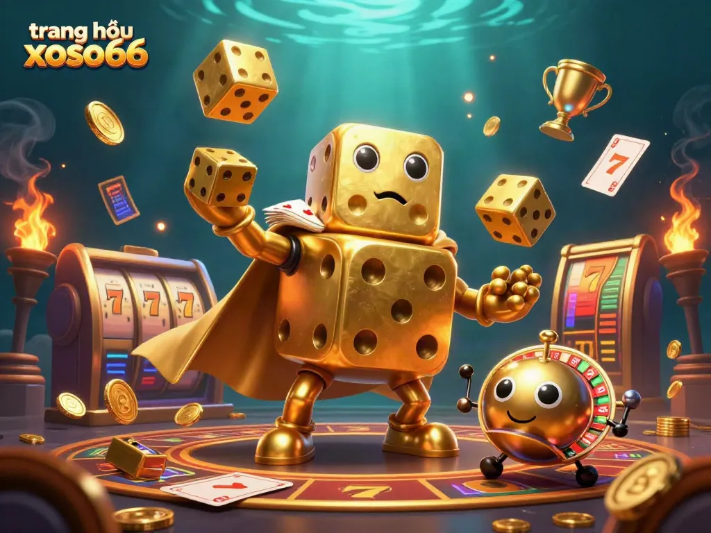 Experience the excitement at trang chủ xoso66 with a vibrant 3D casino scene of golden dice and game elements.